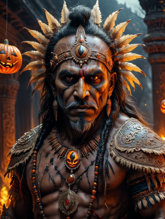 A scary man wearing Halloween costumes indian real