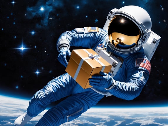 An astronaut floating in space holding a box in deep space. Floating in dark space with just small stars, pitch black. Shiny blue astronaut suit.