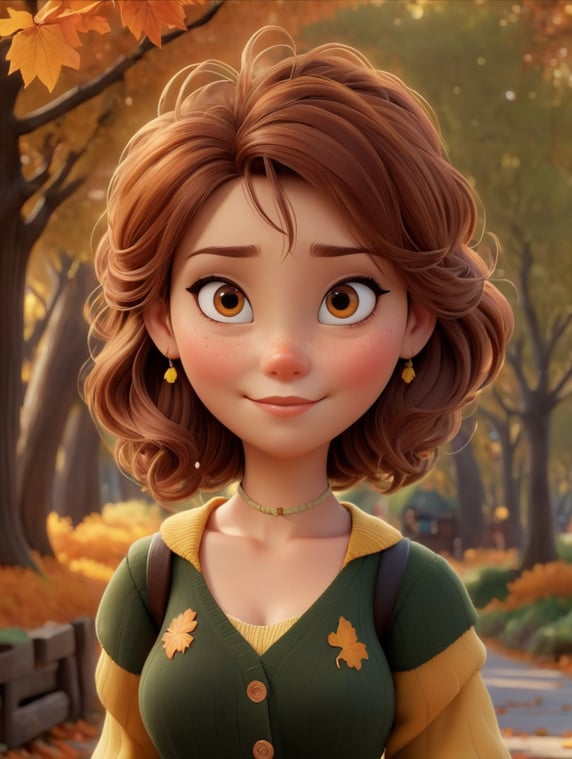 a kind woman with brown hair no curly and amber eyes and freckles in a pixer disney style in autumn