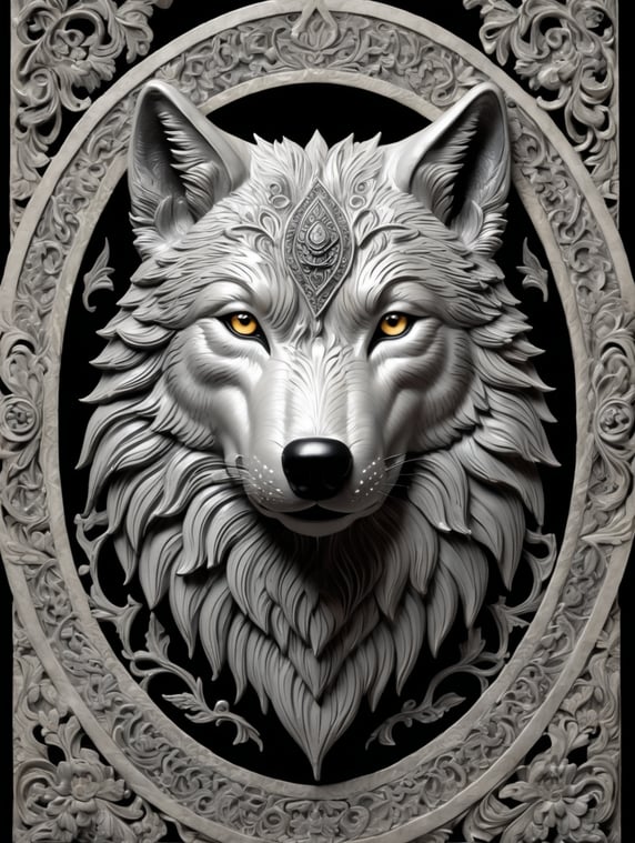 This is an image of a three-dimensional representation of a wolf, with intricate detailing that gives it an almost sculpted, bas-relief appearance. The wolf is depicted with a noble and serene expression, and its fur is rendered in swirling patterns that add to the artistic quality of the piece. The color palette is primarily in shades of dark grey and black, which adds to the majestic and somewhat mystical aura of the wolf. There is also an ornate border framing the artwork, suggesting that this might be a decorative piece or a part of a larger installation.