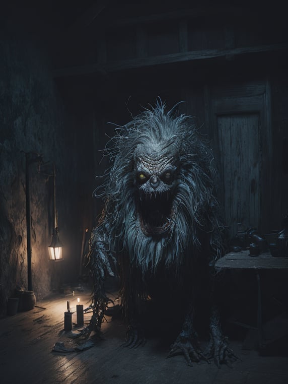 Weird creepy horror monster in a haunted house