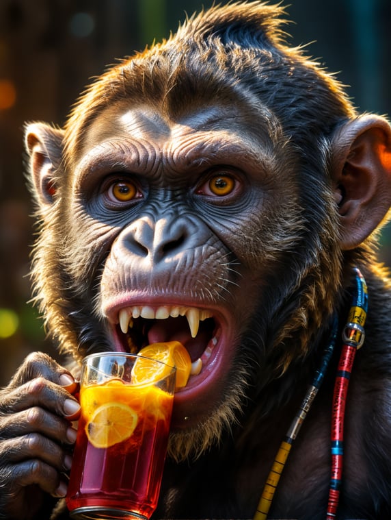 Photography of monkey drinking an energy drink, face closeup, Vivid saturated colors, Contrast color, studio photo, professional photo, Rich colors, Detailed image, detailed face