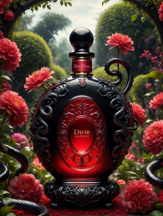A professional luxury Dior perfume stand in a red floral garden with black snakes around the bottle