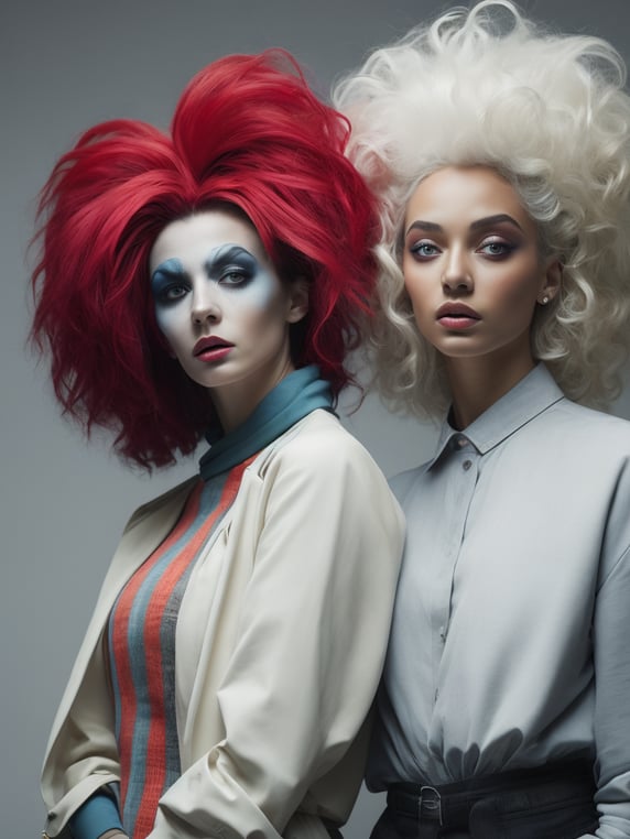 two women dressed in colorful clothing with large hair and make - up in the shape of clowns Avant-garde Fashion