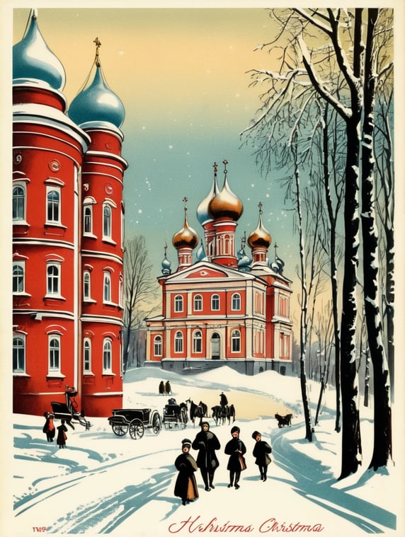 Russia, Tver city, vintage Christmas postcard illustration