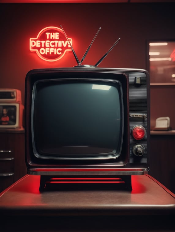 film noir, head on view of a large retro tv standing in a detectives office at night with ashtray, detective board, night, red neon sign light, moody