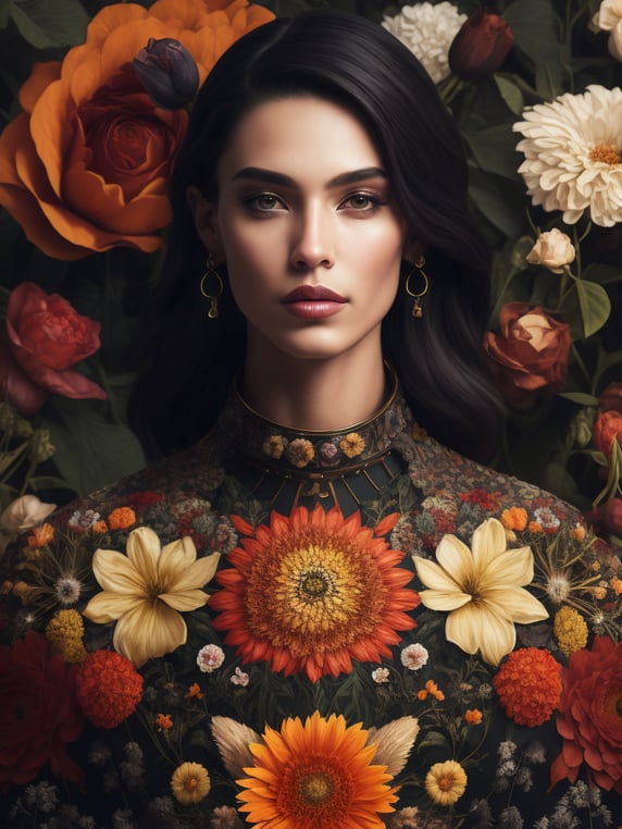 A collage of a woman with a head of vibrant, blooming flowers, her face turned to the side, a mix of vintage botanical illustrations and modern geometric vector shapes in the background