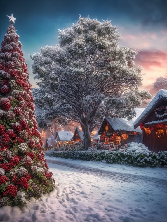 A landscape photo of a off-center holly tree with frosted cranberries and layered snow in the theme of a Christmas village, bright and saturated colors, depth of field