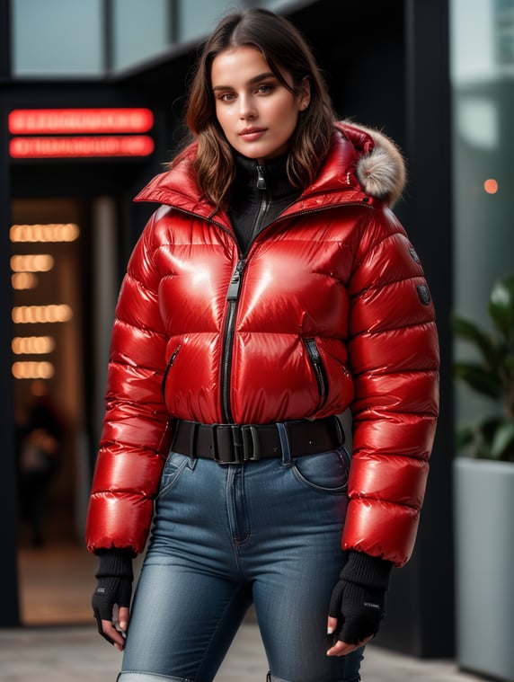 full body girl in a red glossy puffer jacket with bulky belt and massive zipper tab around waist and red glossy down puffer boots