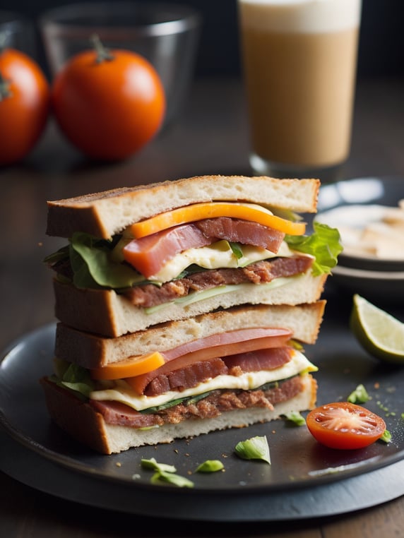 A mouthwatering club sandwich captured in high definition, featuring layers of crispy bacon, juicy luncheon meat slices, fresh lettuce, ripe tomatoes, and melted cheddar cheese, oozing with creamy mayo and mustard, on lightly toasted whole-grain bread, Photography, macro lens f 2.8, --ar 1:1 --v 5.