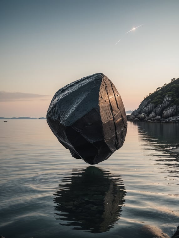 minimal, simple black reflective rocky object flying inches above the water, just the horizon and water on the background