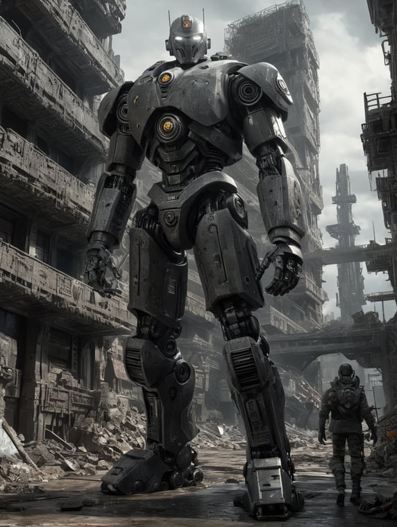 dystopian, grayscale, brutalist world, with robot video game character