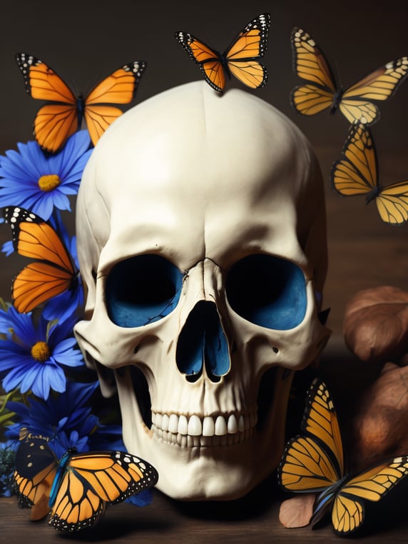 beautiful composition of a skull and monarch butterflies, rule of thirds, golden proportions, realistic art, anatomically correct, white skull with some orange butterflies, some blue flowers in the back, perfect composition, still life, high quality, front view creative, very colorful, very detailed, insane illumination, photography,