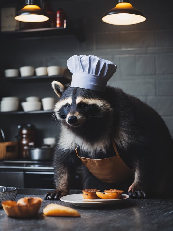 A chef racoon cooking scallops, wearing a chef hat, in a kitchen, professional