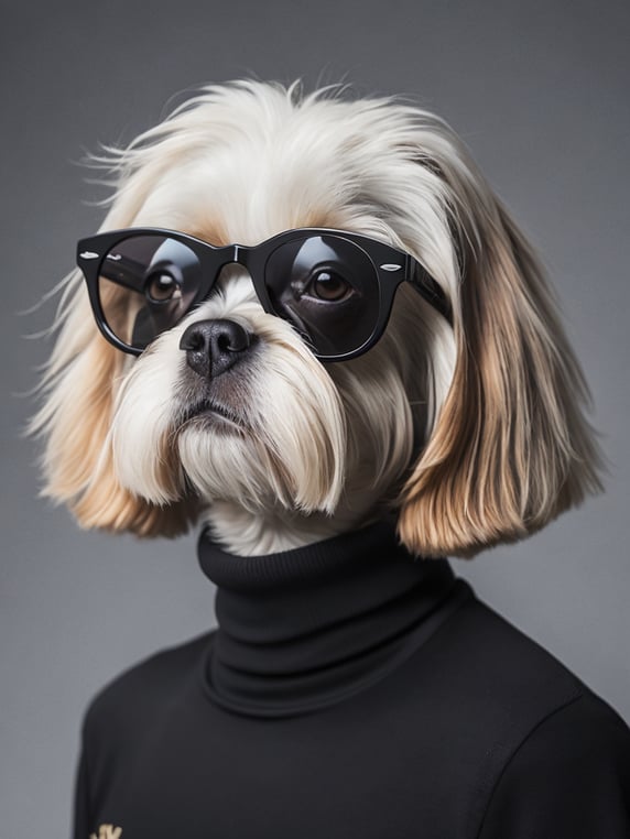 a young shih tzu in a (((black turtle neck shirt Andy warhol style))) wearing Ray-Ban sunglasses. sharp focus, highly detailed, photorealistic photoreal: 1.4, lifelike,highly detailed CG unified 8K,looking at the viewer smiling, (HQ skin:1.4), 8k uhd, dslr, soft lighting, high quality, film grain, Fujifilm XT3. black turtle neck shirt