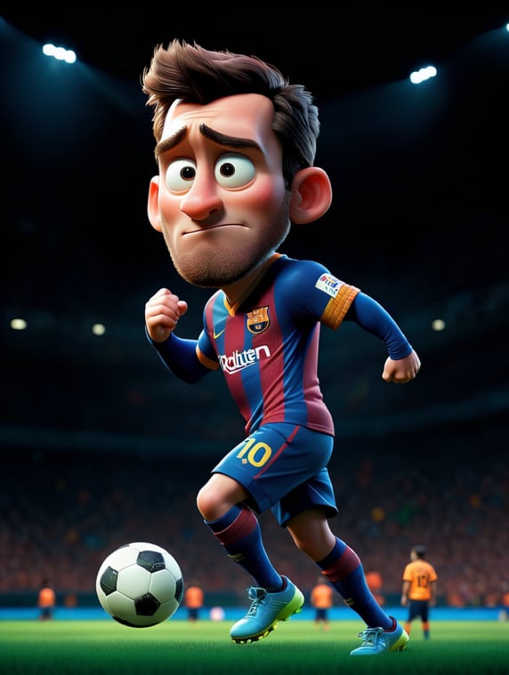 Messi con pateando el balon de futbol, ((high face)) background dark, dramatic lighting