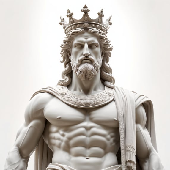 A full-length statue of a Greek god with a crown on his head. The look is mystical, enchanting. Covered up with a light fly at the hips.; Graikų dievo viso ūgio statula su karūna ant galvos. Žvilgsnis mistinis, kerintis. Prisidengęs lengva skraiste ties klubais.