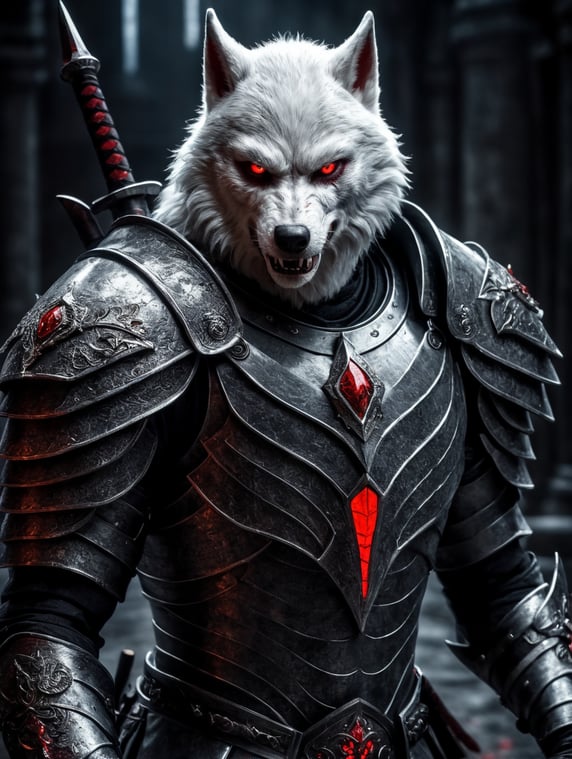 White werewolf long-ear assassin wearing armor with glowing red eyes blood swords