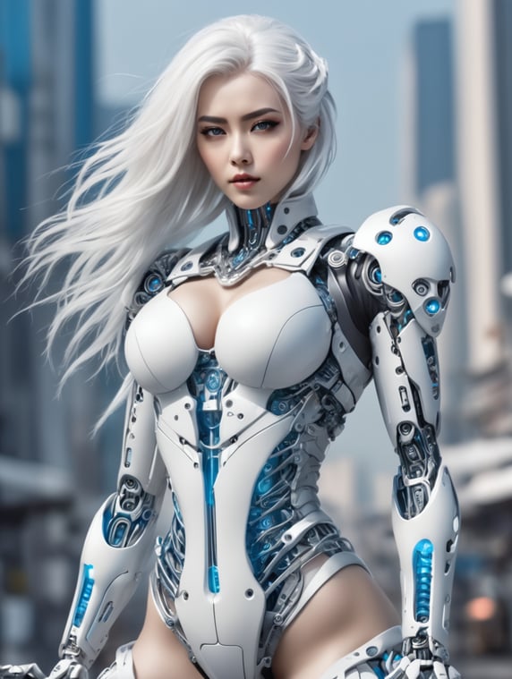 sci fi cyberpunk futuristic woman white hair action pose robot cables silver and blue robot parts city background futuristic fashion cybernetic enhancements sexy
