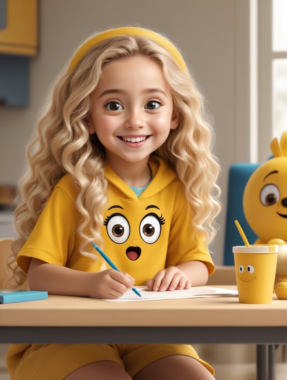 young girl doing creative work sitting,creative and kind-hearted personality with long curly blonde hair, big eyes, small nose and smiling mouth, in 3D style, wearing yellow clothes, rendered using beautiful Disney animation, Pixar style, Disney style, 3D -style,sitting in full height, poster, at the table