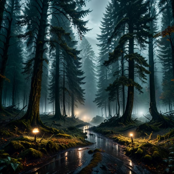dark nordic autumnal forest in heavy rain at night, artistic art, album cover art, amazing depth, golden ratio, hdr, perfect balanced styles, epic, cinematic, brilliant, stunning, intricate meticulously detailed, dramatic atmospheric, maximalist, hyperdetailed masterwork