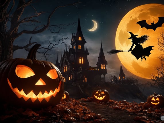 Halloween pumpkin scene, dramatic lighting at night, around the pumpkin, but in the night sky the silhouette of a witch flying on a broomstick, crescent moon and stars. Depth of field.