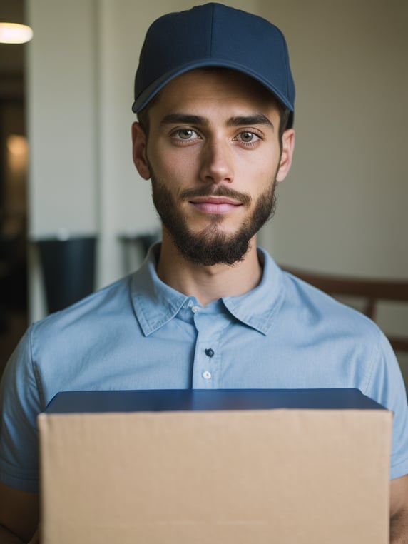 portrait of a delivery man, wearing a cap and t-shirt, holding a box