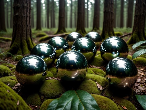 chrome round balls flying in the forest, no blur, sharp focus, cinematic lighting, epic scene