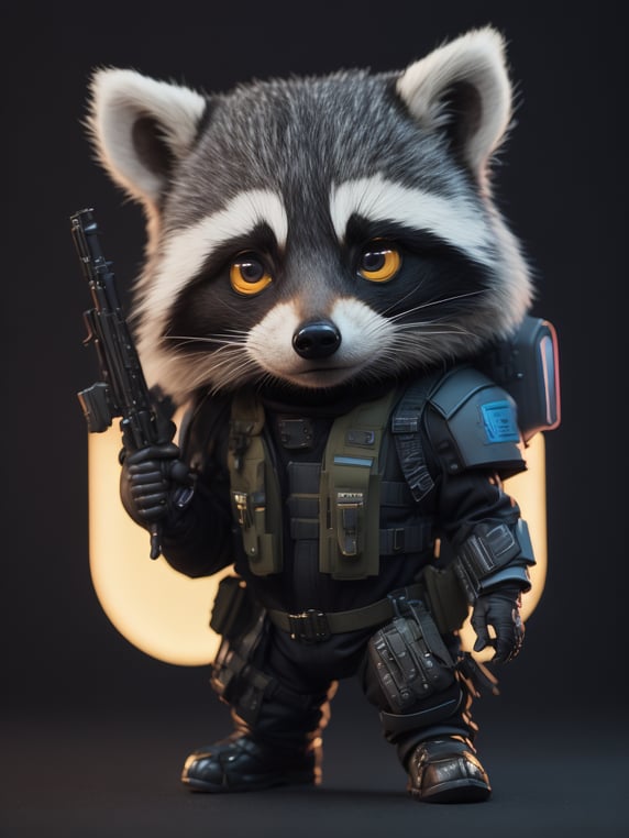 isometric view of a chibi cute hyperrealistic futuristic soldier raccoon wearing cyberpunk jacket. Cinematic, hyper detailed, black neon background , highly detailed, zoomed out,