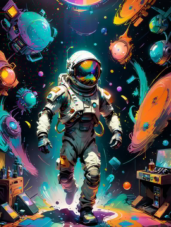 cartoon 3d astronaut dancing in a club among different eighties disco aliens; мультяшный 3д космонавт танцует в клубе среди разных инопланетян диско восьмидесятых