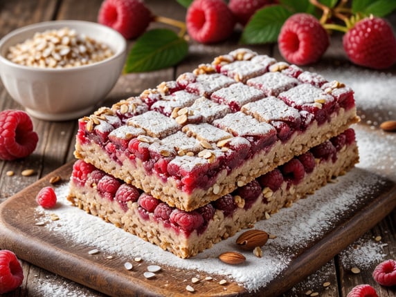 raspberry oatmeal nut bar on wooden table