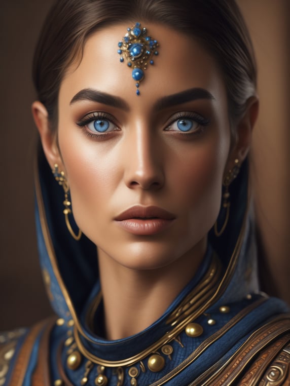 a photo of a woman with blue eyes looking at herself, in the style of light indigo and dark amber, realistic hyper-detailed rendering, 32k uhd, orientalist, idealized native americans, intense close-ups, romantic fantasy