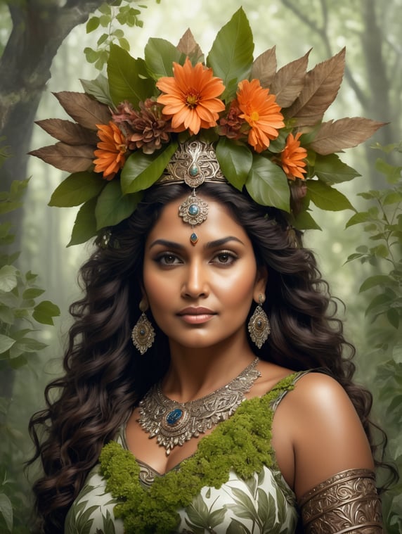 ash tree - female nymph - fat - with long brown curly hair - wearing branch and leaf crown - she is part of the tree - she has bark and branches and leaves on her skin - she has nature as part of her clothes - she has on floor length greek style flowing dress made of leaves and bark and flowers - bark is part of her skin - she is full figured plus sized woman- Indian skinned toned woman - she is mature woman - she is in a forest full of light, greenery, and flowers - she is wearing large branch and twig and leaves crown - leaves are winding up her arms- growing out of the ground- leaves are winding in her hair