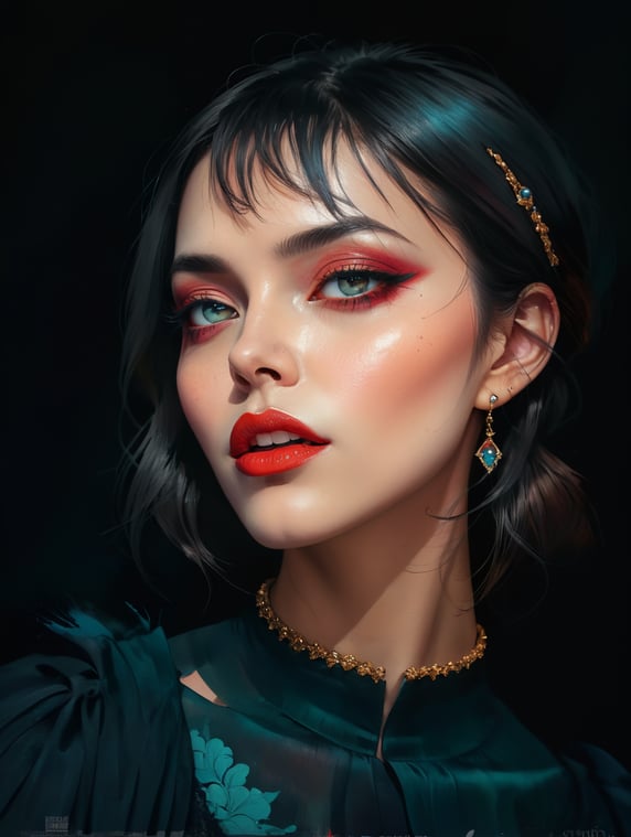 Portrait of a 15 century female vampire, bright and saturated colors, elegant, highly detailed, sharp focus, bright expressive makeup, dramatic lighting, depth of field, incredibly high detailed, blurred background'
