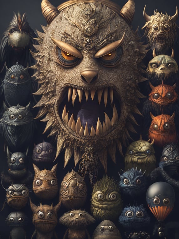 Many monsters, doodle art style, colorful, funny
