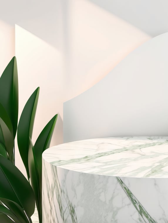 Luxury Minimal White Marble Stage Platform, Summer Green Tropic Plant, Abstract Background 3d Rendering