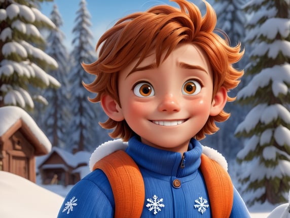 The ground is covered with snow, there are snowflakes in the air. The boy with the dark brown eyes and brown hair with strands of his hair falling on his forehead, with a tall face and a hard face, holds the waist of the short, orange-haired, big blue-eyed, slightly freckled girl and looks at her and smiles. The girl grins and looks at the camera.; yerler kar ile kaplı havada kar tanecikleri var esmer kahverengi gözlü kahverengi saçlı saçlarından tutamlar alnına dökülmüş uzun boylu yüzü sert duran çocuk turuncu saçlı kısa boylu büyük mavi gözlü hafif çilli kızın belinden tutarak ona bakıp gülümsüyor kız ise sırıtarak kameraya bakıyor
