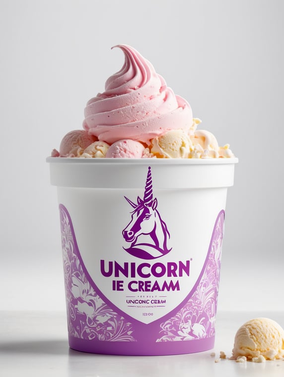 A layout of a packaging for a container of unicorn ice cream. young people