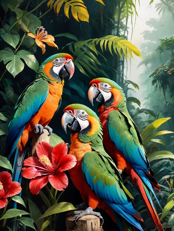 5 parrots sit in the green jungle. 8 red flowers in the thicket. Style Walasse Ting; 5 Papageien sitzen im Grünen Dschungel. 8 rote Blüten im Dickicht. Stil Walasse Ting