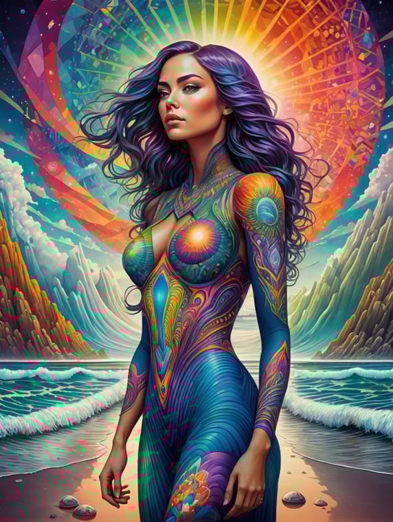 psychedelic dreamscape, a surreal and trippy artwork of a woman standing on a shore, surrounded by geometric shapes and vibrant colors. the art style is reminiscent of dan mumford and alex grey's cosmic lsd poster art.