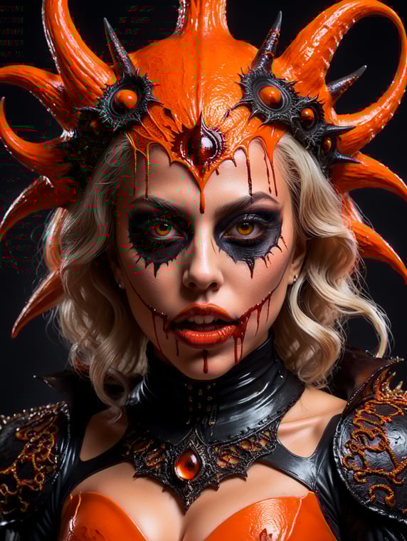 Photo of young lady gaga in a scary orange and black halloween costume with blood in mouth.