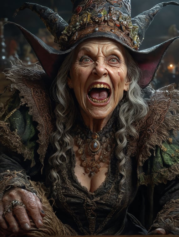 a wimsical scary witch with asmirk and rotten teath, wrinkels, highly detailed, intricate, detailed photo oilpainting