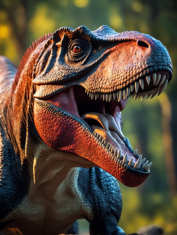 Tyrannosaurus rex, Vibrant colors, Depth of field, Incredibly high detail, Blurred background