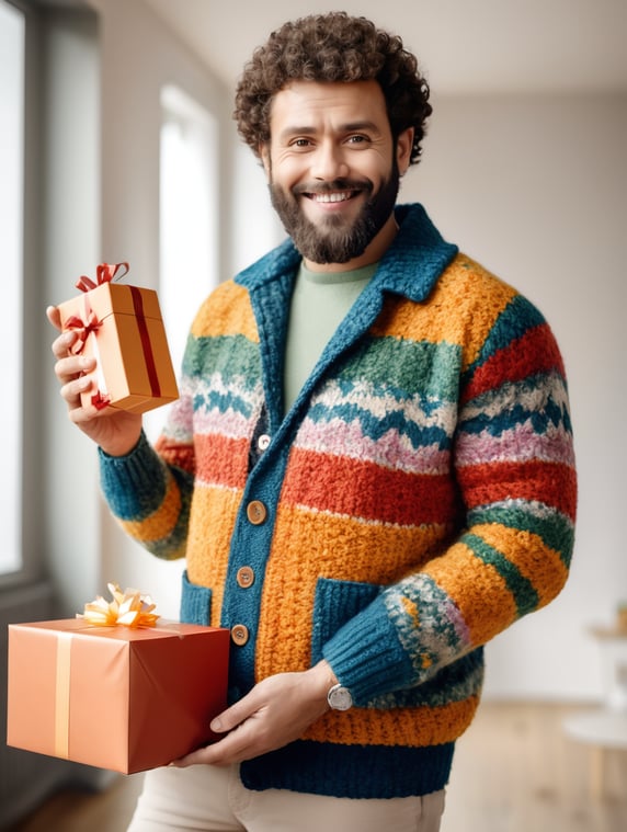 portrait of a bearded curly man wearing coloured knitted jacket, stands front camera with gift box his hand, happy birthday images, spring time