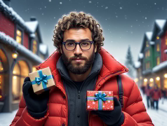 portrait of a bearded curly man wearing red puffer jacket, reeding glasses, stands front camera with gift box his hand, snowy weather, Christmas time, blurry background