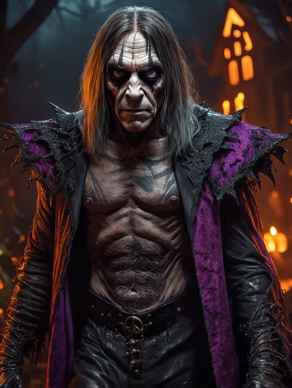 Iggy Pop as a creepy evil character wearing spooky Halloween costume, Vivid saturated colors, Contrast color