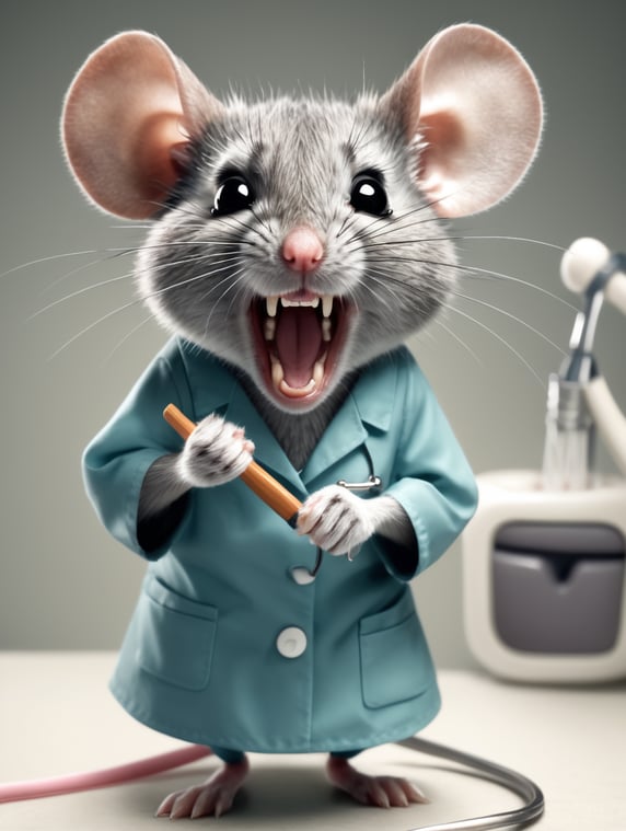 A female grey mouse works as a dentist and is angry