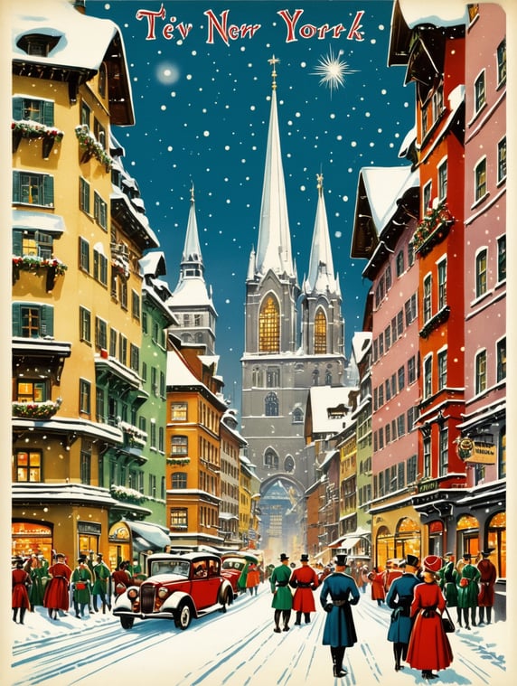 New York, Tyrol vintage Christmas postcard illustration