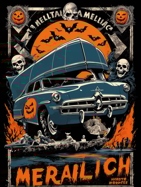 1950's b-movie horror halloween t-shirt print design featuring METALLICA BRAND LOGO