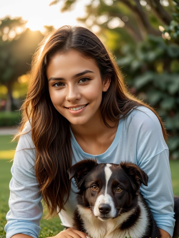 realistic,highly detailed of a pretty 21-year-old latina girl,5,57 feet tall,134 lbs weight,long,straight,brown hair,green eyes,athletic body,dressed in light blue leggings, white t-shirt, white sneakers,she is petting a border collie dog,she is smiling,she is looking at the camera,sunset light in a beautiful park